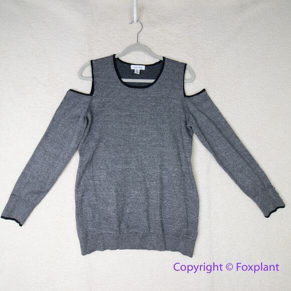 CALVIN KLEIN Women's Gray Contrast-trim Cold-shoulder Sweater Top Size M - Picture 2 of 16
